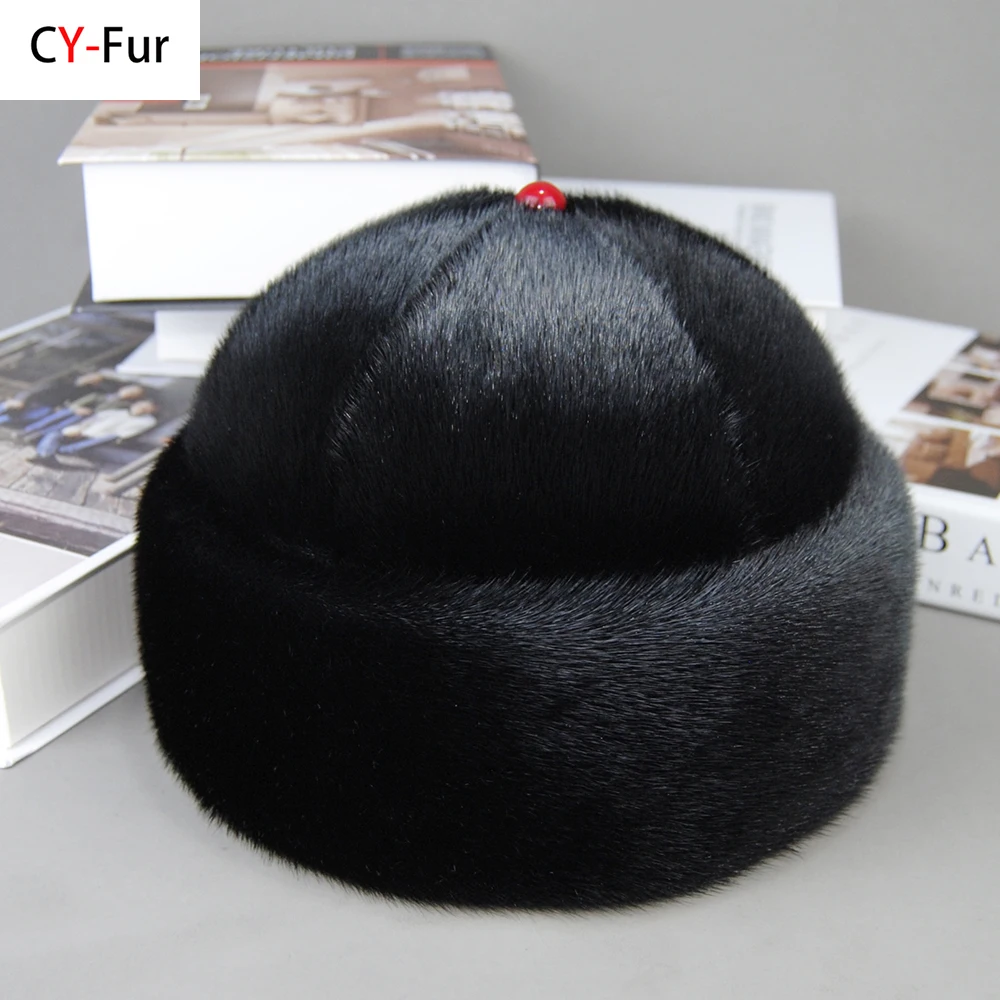 

Luxury Winter Unisex Top Real Mink Fur Bomber Hat Unisex Genuine Marten Head Warm Black/Brown Caps Best Gift For Parents Gorras