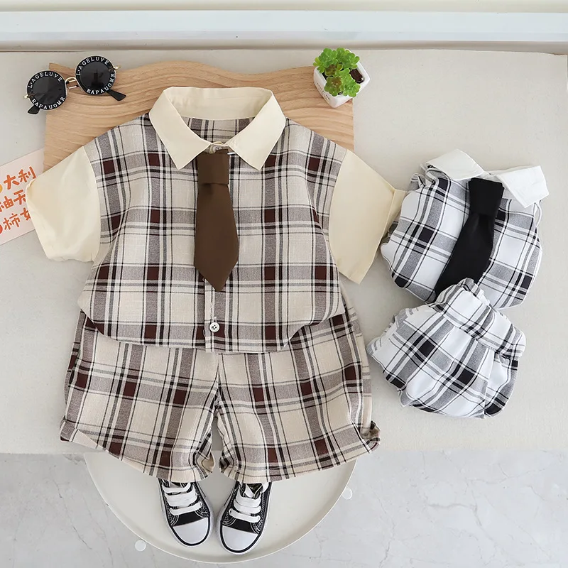 

Boys' Set Summer Boys' Plaid Short-sleeved Shirt + Shorts Two-piece Kids' Casual Suit Kids Clothes