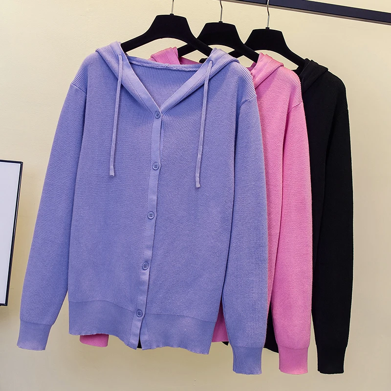 

Women Autumn Winter New Hooded Pink Sweater Loose Long Sleeve Knitwear Coat Simplicity Basic Knitted Cardigan Woolen Sweater