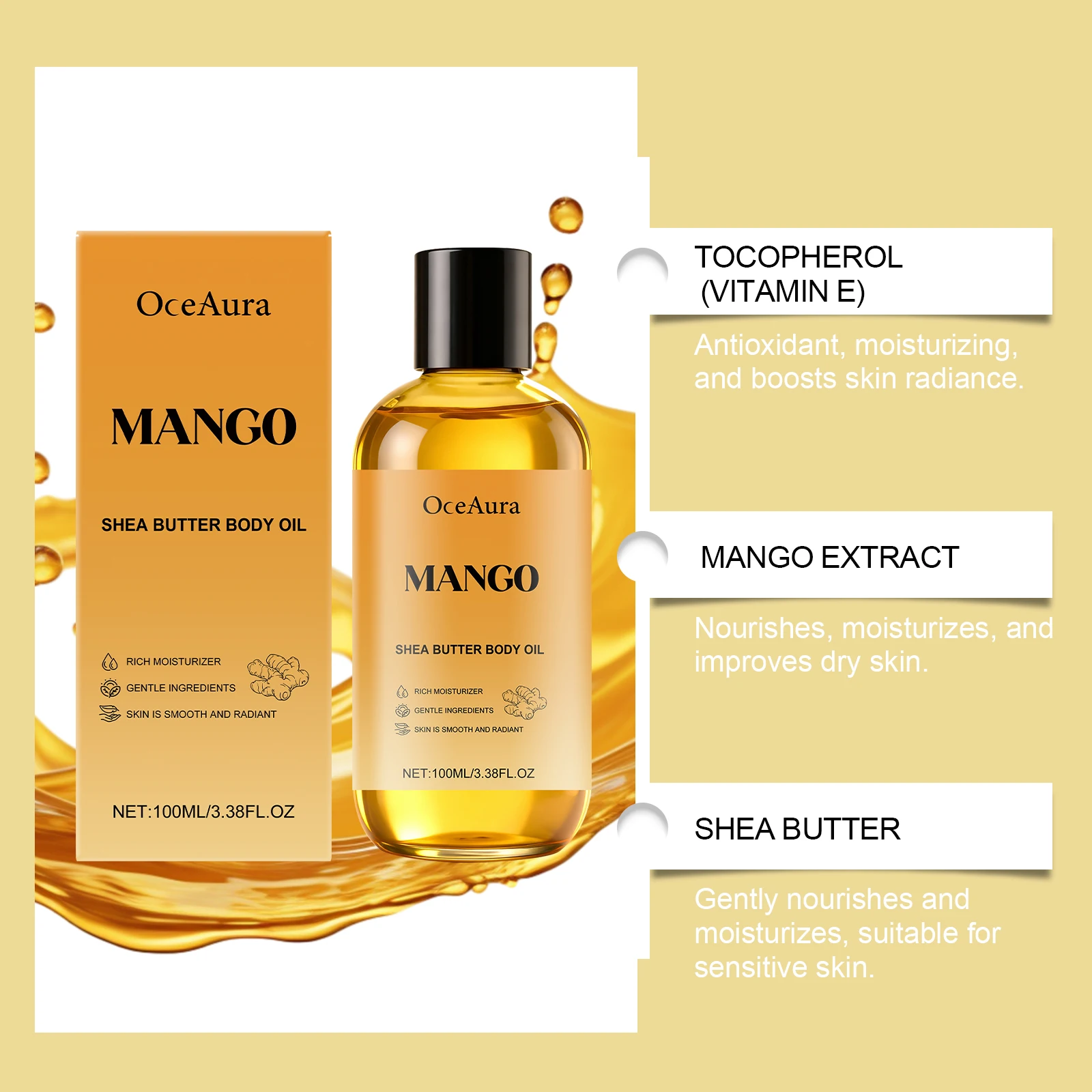زيت الجسم المضاد للشيخوخة من المانجو والشيا لشد الجسم لتحسين الجفاف والخشونة، زيت العناية بالبشرة المغذي والترطيب