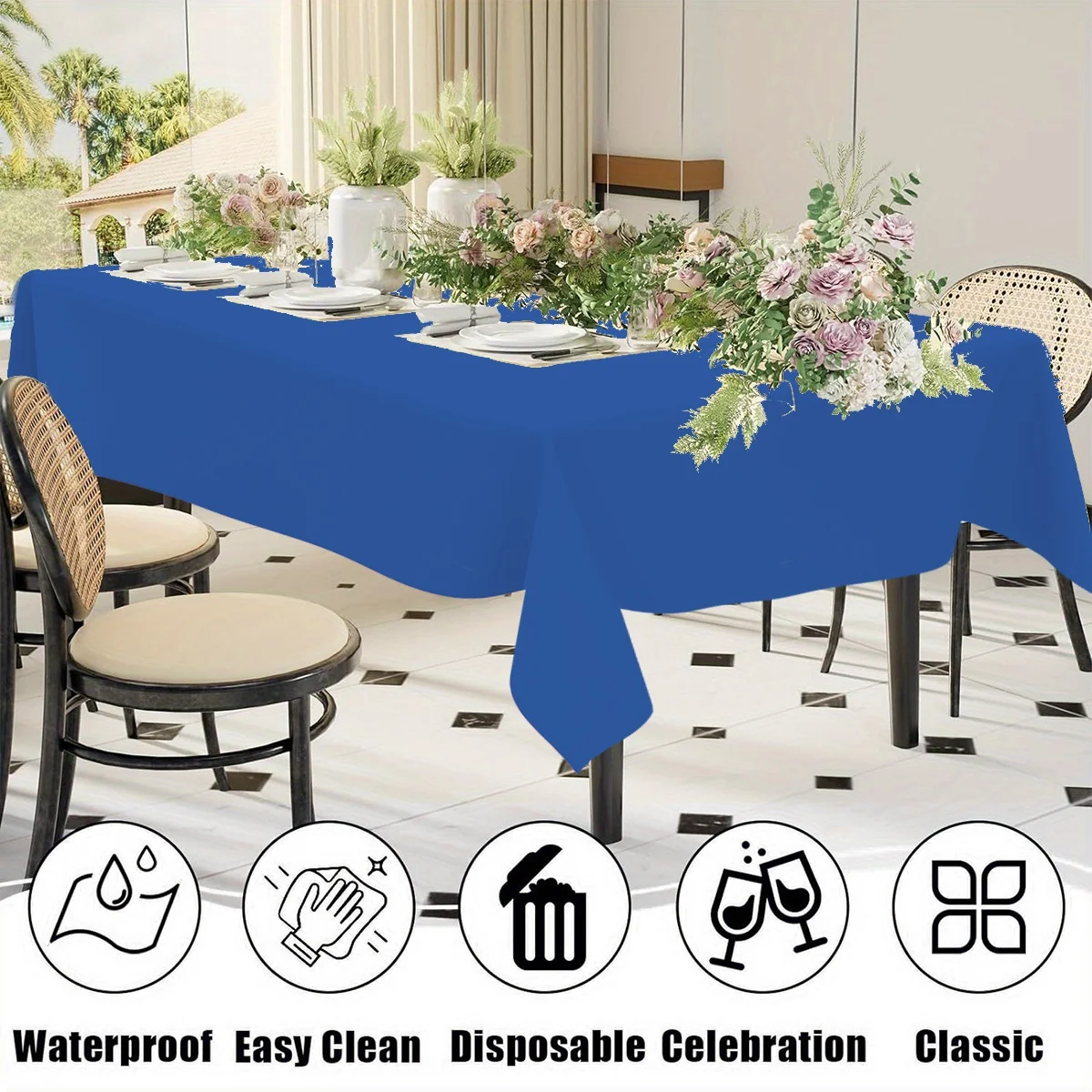183 × 137 cm marineblaue Tischdecke, Einweg-Tischdecke aus Kunststoff für Hochzeit, Geburtstag, Bankett, Restaurant, Festival, Partyzubehör – Detail 2