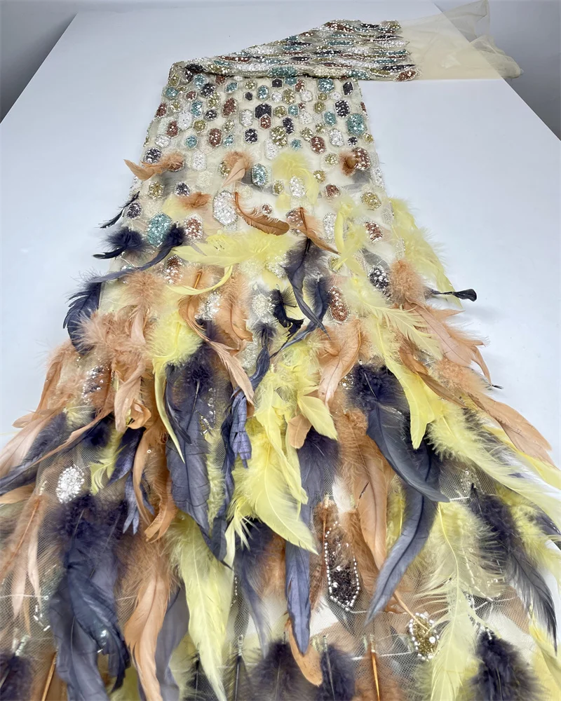 Luxury African 3D Feather Lace Fabric Tulle Lace Fabric 2026 5Yards Heavy Beaded Sequin Tulle Lace for Party Wedding Dresses