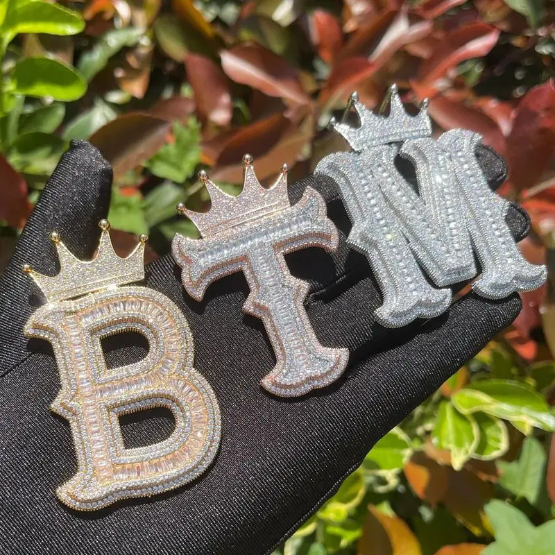 Iced Out Crown Initial Letter Pendant Baguette CZ Micro Pave Hip Hop Necklace, Custom Gothic Alphabet Charm