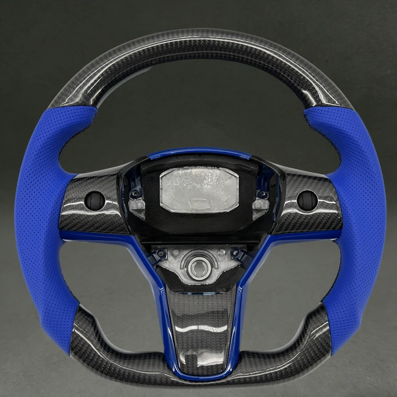 

Black Carbon Fiber Steering Wheel for Tesla Model 3 Model Y with Blue Perforated Leather Premium Quality for Model 3 Wheel Parts