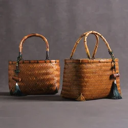 Retro Premium Woven Bag Tableware Storage Bundle Mouth Lining Style Handheld Basket Bamboo Women Bento Handle Organizer Pouch