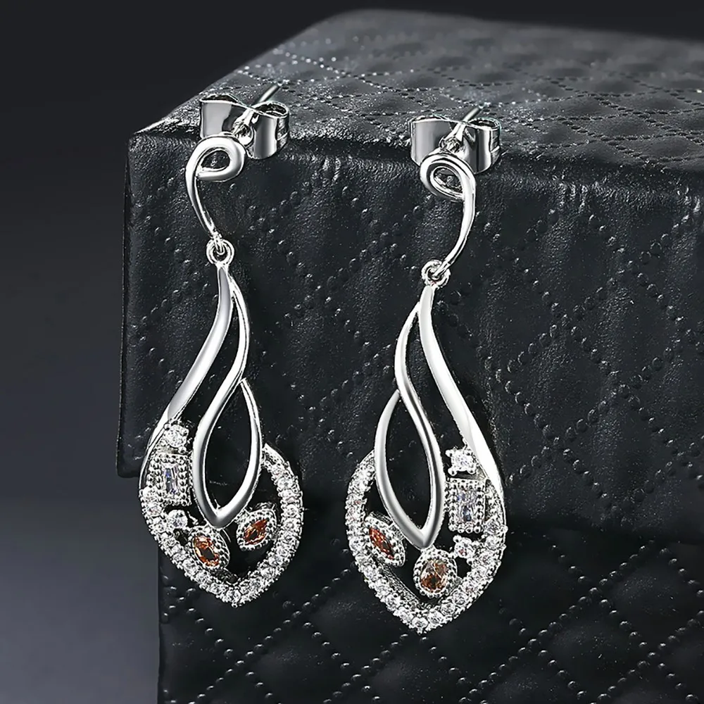 Vintage Elegant Leaf Drop Earrings For Women Princess Style Orange Cubic Zircon Silver Color Wedding Gift Fashion Jewelry E044