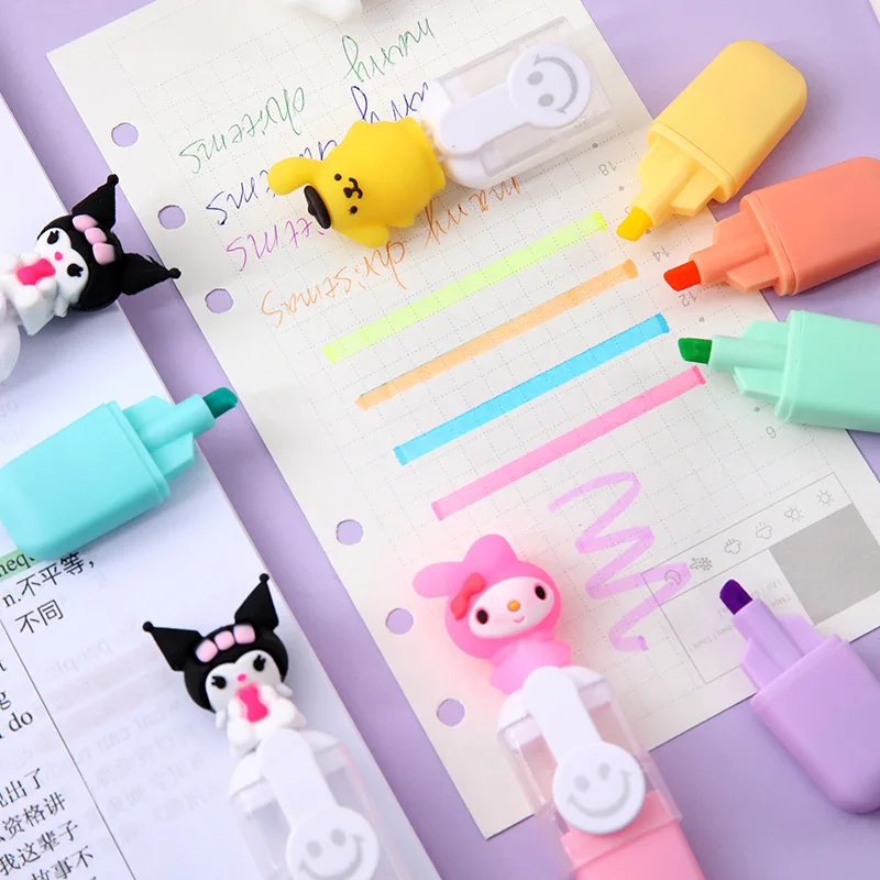 6pcs Hello Kitty Highlighter Pen Sanrio 6color DIY Mini Handbook Pen Cute Student Marker Stationery Gift Office Supplies