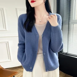 Top corto con scollo a V 100% pura lana maglione lavorato a maglia cardigan casual a nido d'ape piccola giacca profumata tendenza primaverile e autunnale essenziale