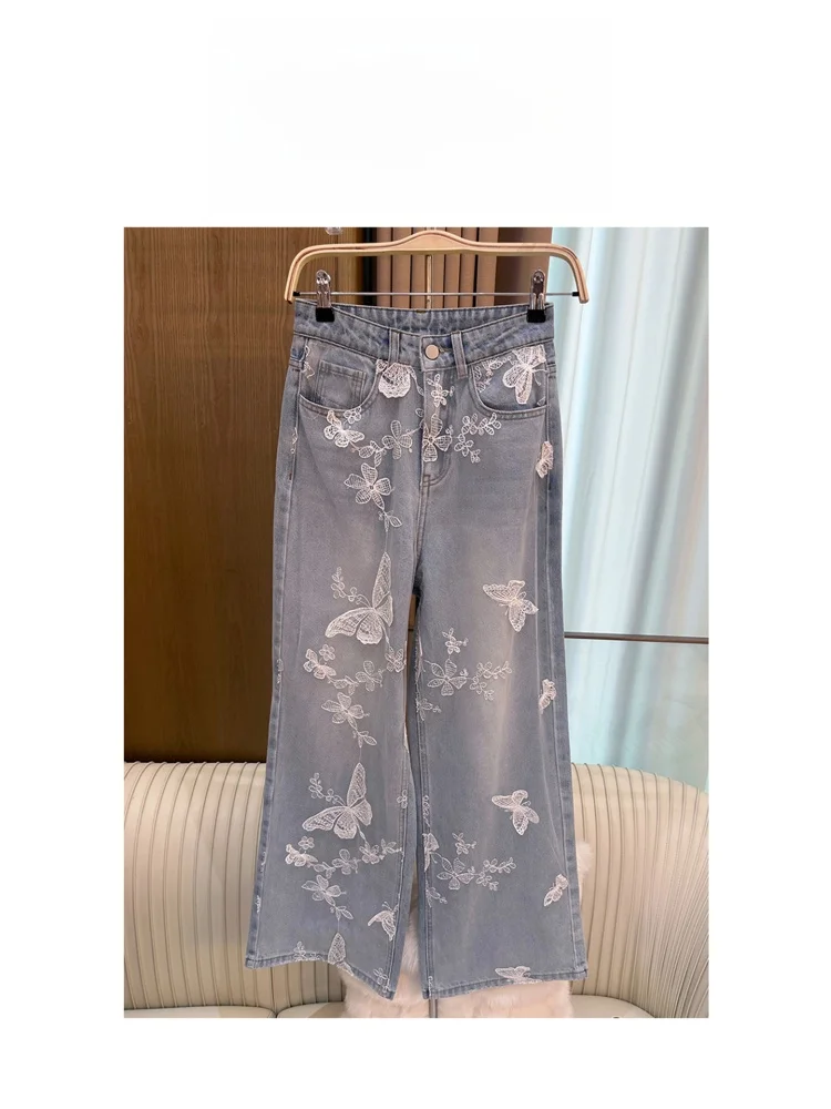 

Monet Wide Leg Jeans High Waist Splicing Netting Women's Casual Cotton Denim Pants Summer Loose Fit No Stretch