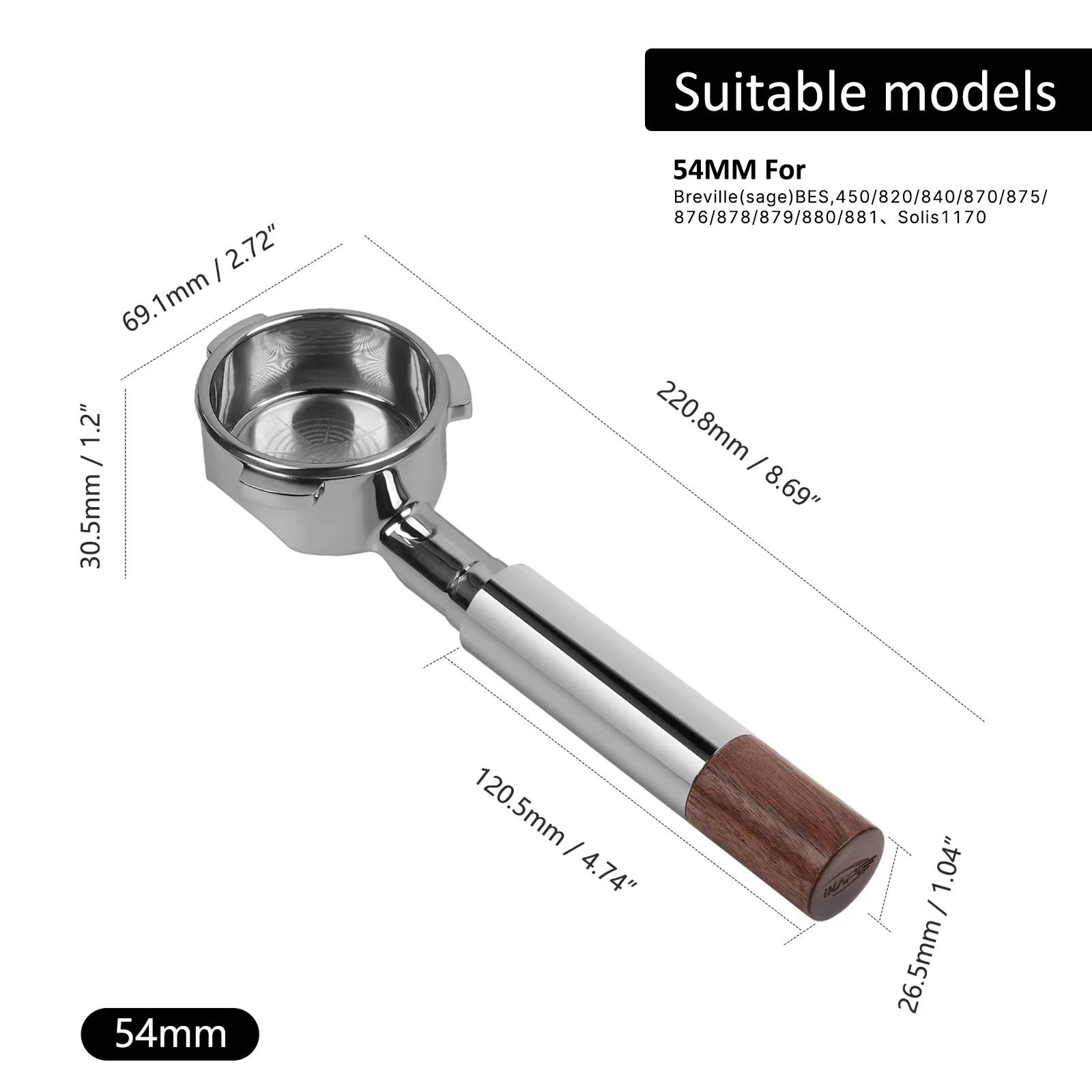 IKAPE Opengewerkte bodemloze portafilter, roestvrijstalen en walnoot espressohandgreep, 54/58 mm hoge extractie-precisiemand