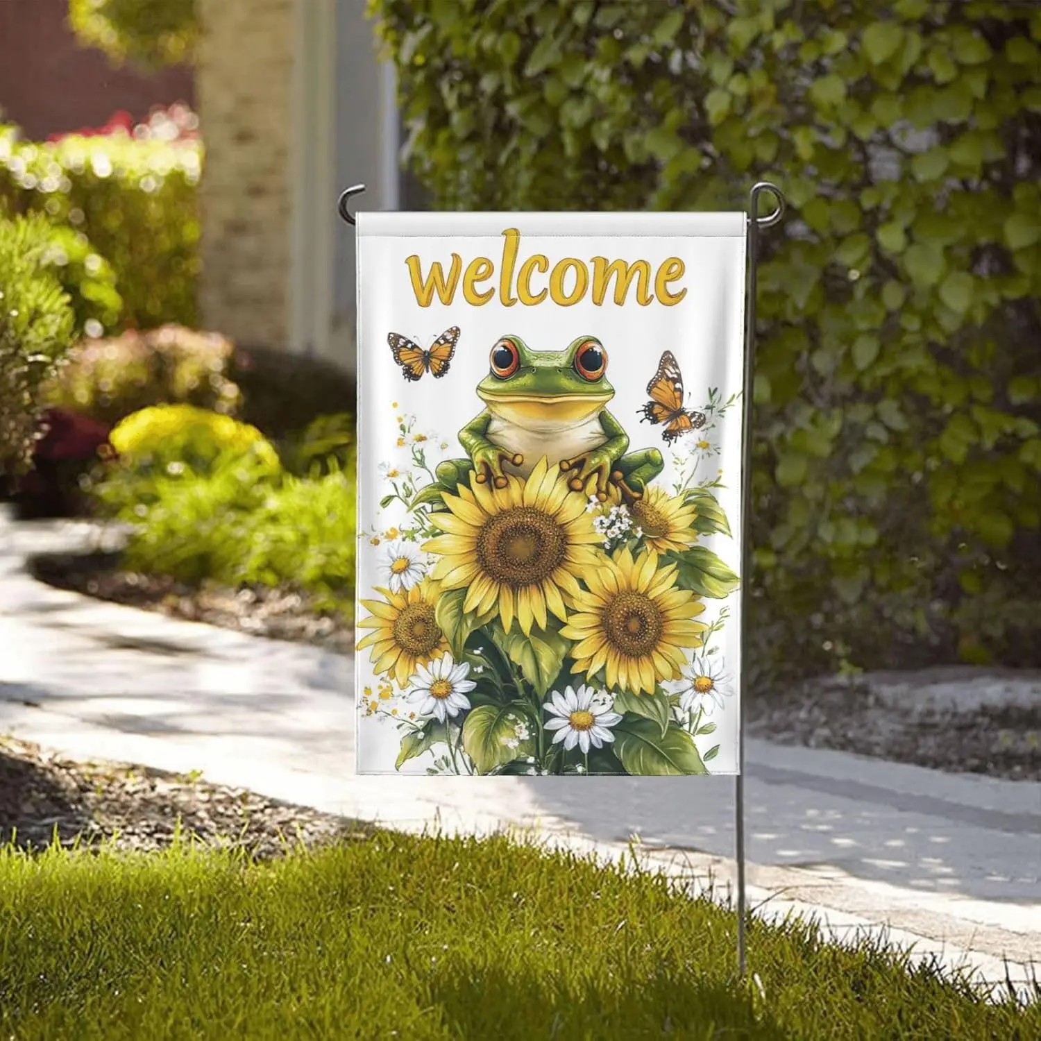 Welcome Frog with Sunflowers Daisy and Butterflies Garden Flags 12×18 Inch Double Sided Decorative Yard Seasonal Flag for Ou jjp