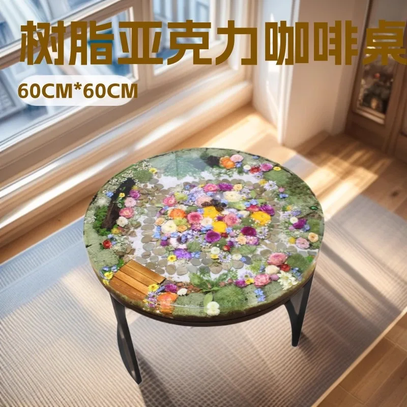 High-end handmade dried flowers inlaid with moss plant resin coffee table, garden landscape high-end round table