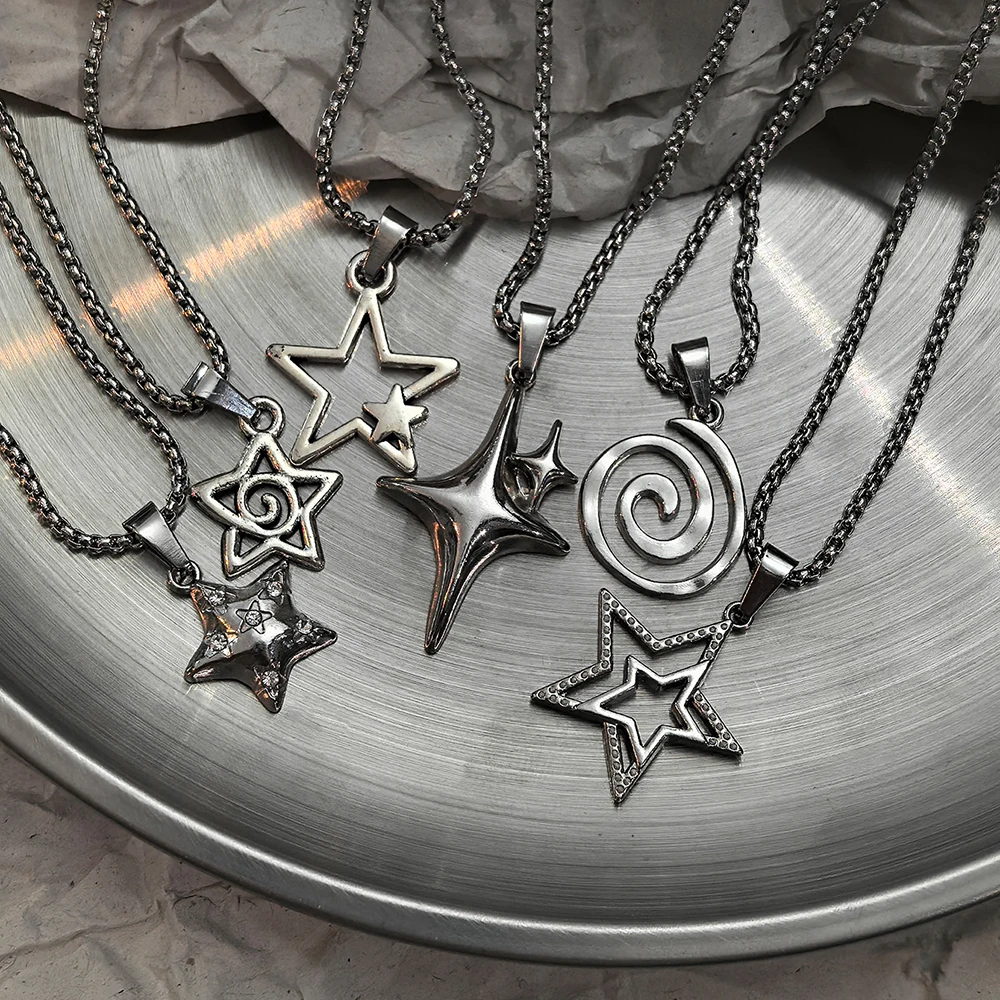 6Pcs Y2K Minimalist Star Layered Necklaces Silver Tone Geometric Star & Spiral Pendant Set for Gift Giving & Daily Wear