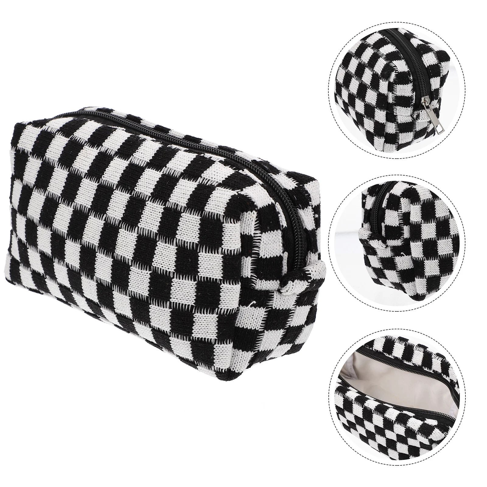 Checkered Makeup Bag White Grid Knit Bag Large Capacity Travel Pouch Portable Toiletries Strong Easy