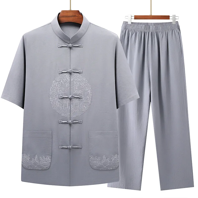 

Casual short sleeve Cotton linen stripe Sportswear Men's Fashion Two-piece set Chinese style Shirts + Pants 2025summer spring