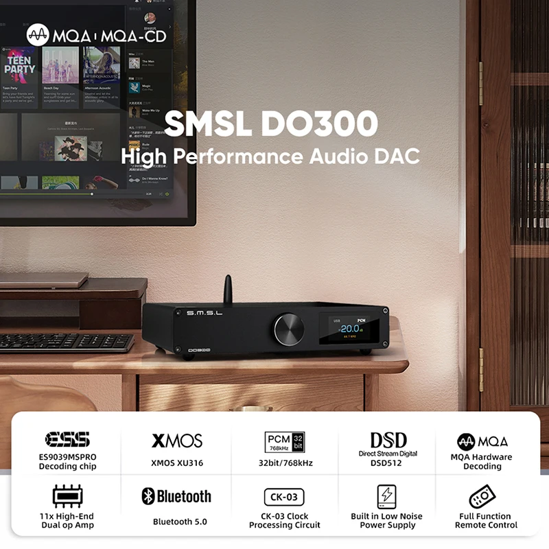 SMSL DO300 오디오 DAC ES9039MSPRO MQA CD XMOS XU316 DSD512, 블루투스 LDAC XLR I2S 디코더, 리모컨 D0300 포함, 32 비트 768kHz