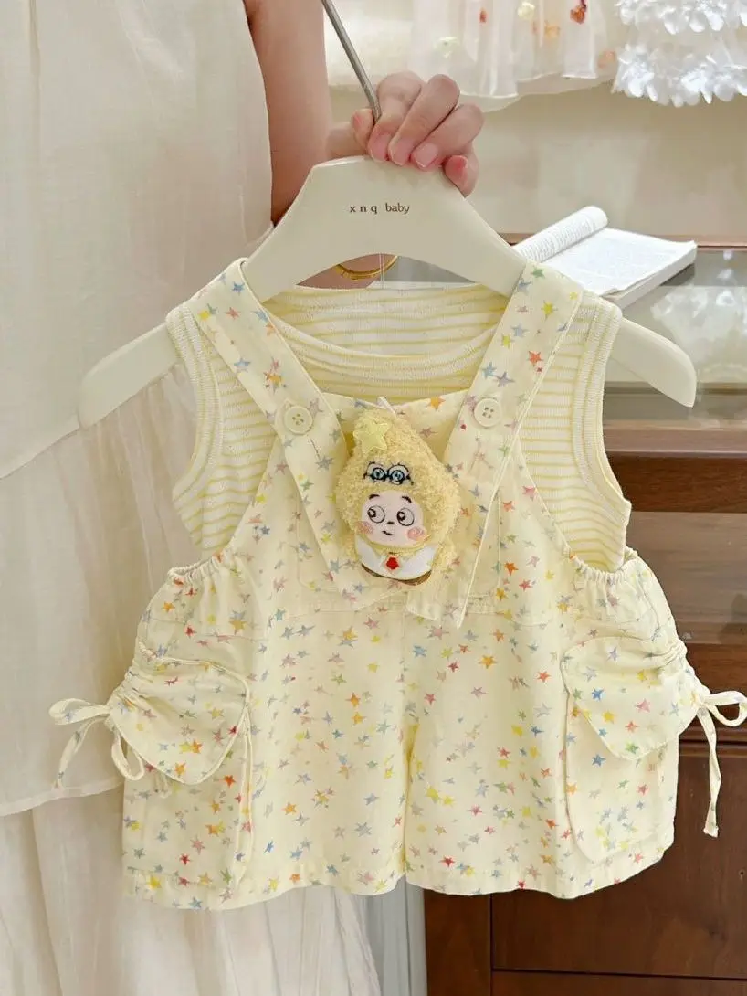 

Girls Summer 2026 Knot Bib Overalls Set Casual Breathable White Enhancing Two Piece Suite Trendy Cotton T-Shirt