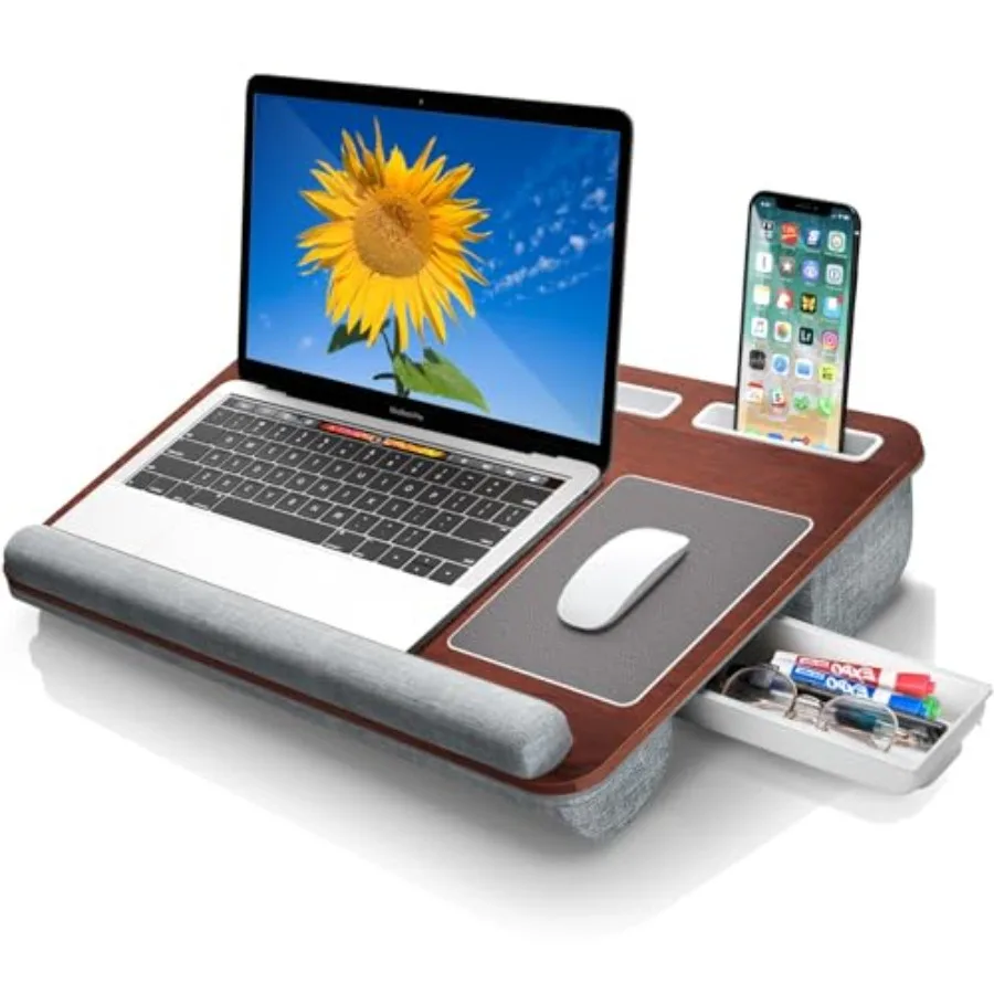 

Portable Lap Laptop Desk with Pillow Cushion Fits up to 15 inch Laptop Built in Mouse Pad Wrist Pad and Phone Holder for Notebo