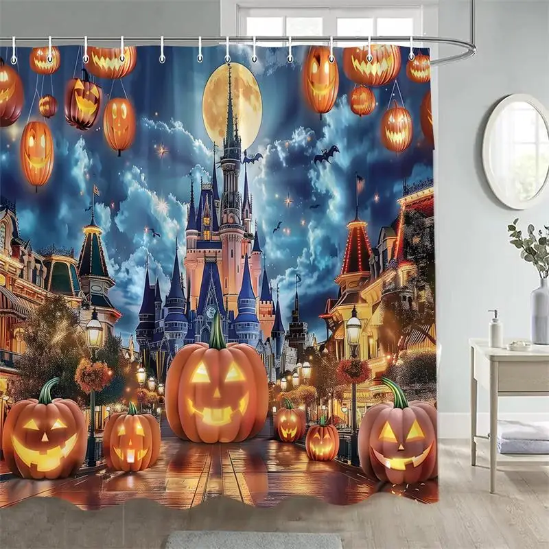 Horror Halloween Shower Curtain Forest Pumpkin Tombstone Bat Night Landscape Home Wall Hanging Bathroom Curtain Decor With Hooks