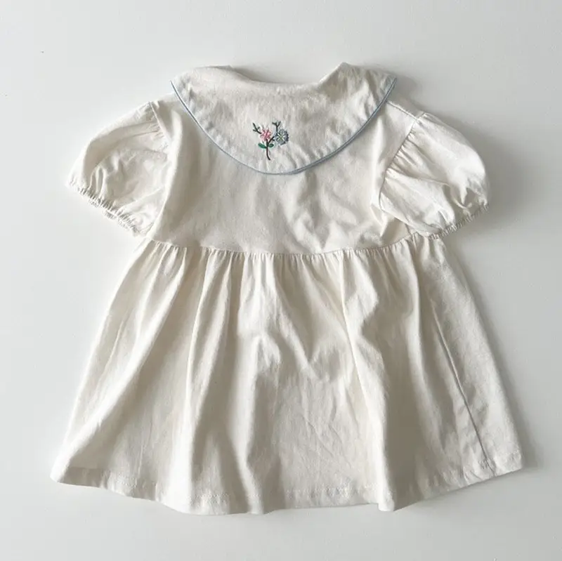 2026 Summer New Girls Flower Embroidery Collar Dress Children Short Sleeve Casual Dress Cotton Baby Girl Cute Lapel Dress - Image 3
