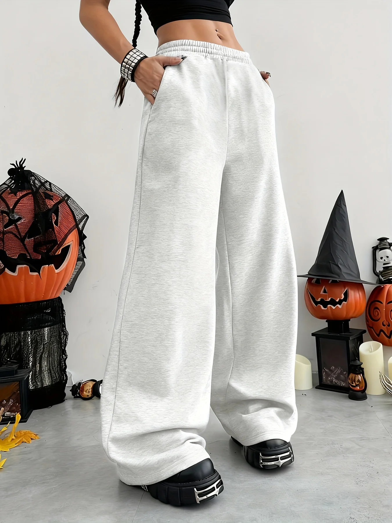 Ladies' casual loose solid color elastic waistband sports pants straight leg pants are casual and comfortable