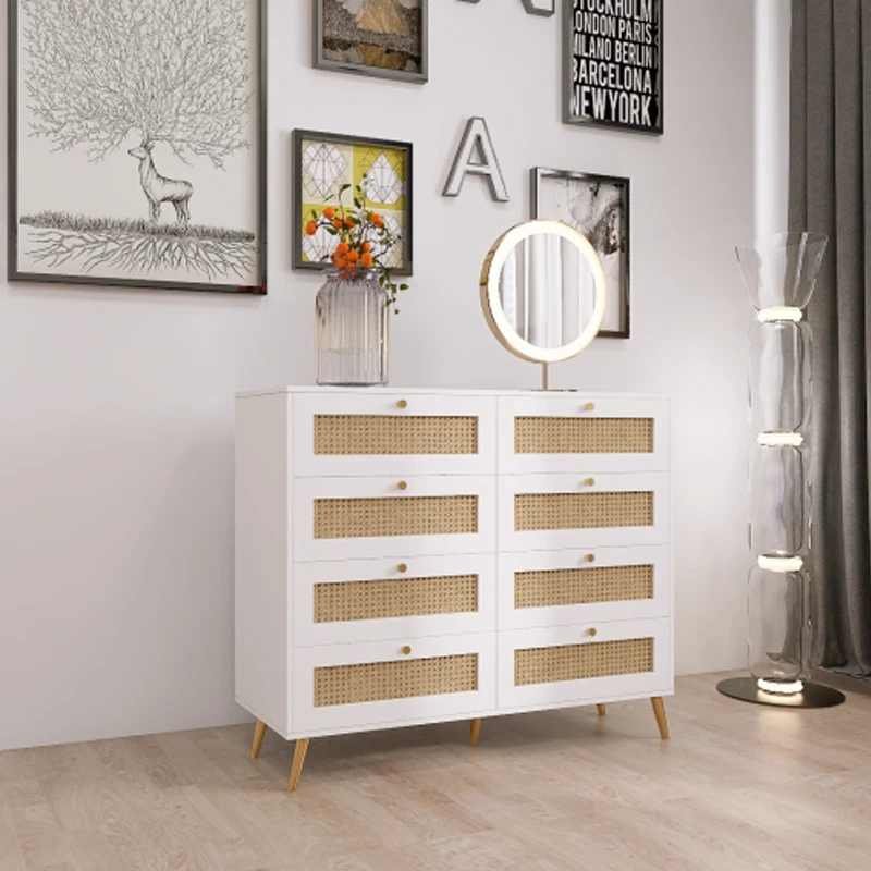 

White Color 8 Drawers Chest of Drawers with Rattan Drawer Face Golden Legs and Handles