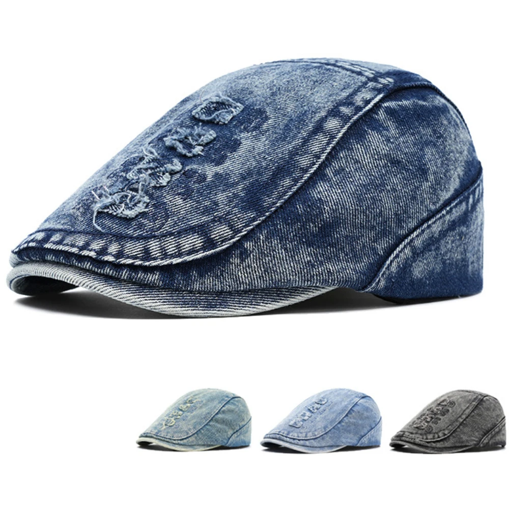 

HT5052 Mens Beret Women New 100% Cotton All Seasons Ivy Flat Cap Artist Painter Beret Hat Adjustable Male Female Denim Beret Cap