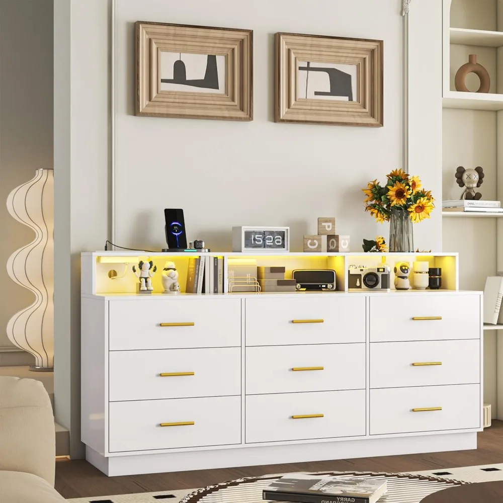 9 Drawer Dressers for Bedroom Modern Dresser with LED Light and Power Outlet Wooden Dresser