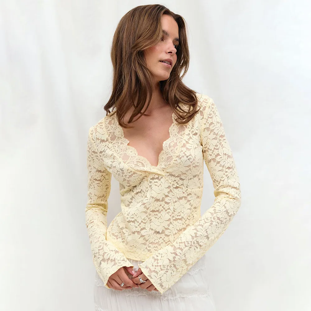 

2026 New Spring Fashion Elegant Yellow Lace See-through Top For Women Chic V Neck Long Sleeve Casual T-Shirts Female Clothes
