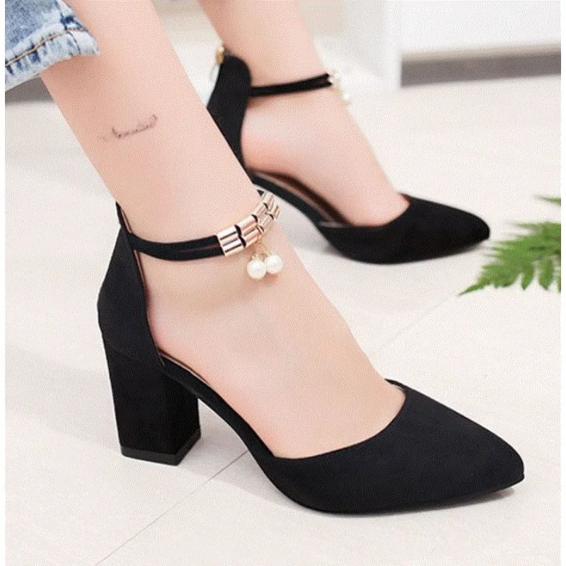 

New Style Women's Buckle with Pointed High Heels Thick Heel Baotou Ladies Sandals Pumps Ladies Dress Party Shoes Wedges Shoes