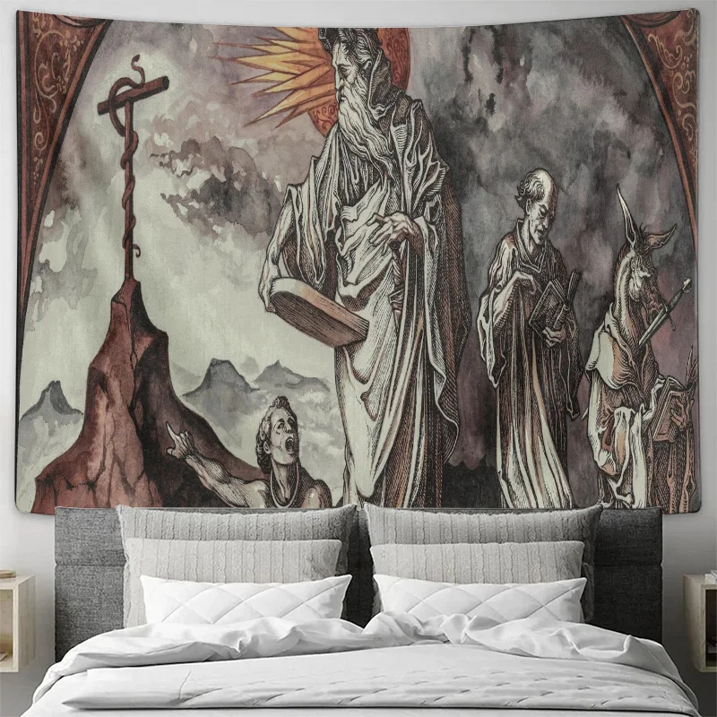 ملصق فني جداري ديني عتيق مثالي لديكور غرفة المعيشة باللونين الأبيض والأسود مرسومة يدويًا مع صورة متقاطعة على الطراز القوطي