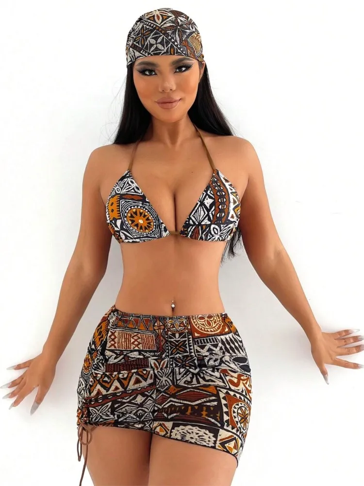 

Retro Blue Bikini Printed Fashion Two Piece Swimsuit And Cover Up With Skirt Tight Women's Bandage Summer Beach Luxury Elegant