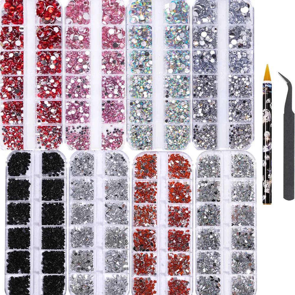 12 griglie AB/Bianco/Rosa Rotondo Flatback Nail Art Charms Misto Stella/Luna/Amore/Fiore/Arco Diamante Party Fai da te Lucido Manicure Strass