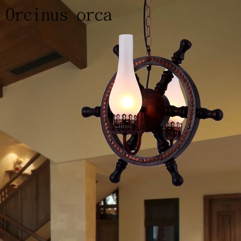 

Retro wrought iron Mediterranean rudder chandeliers restaurants bars coffee personalized European solid wood Chandelier