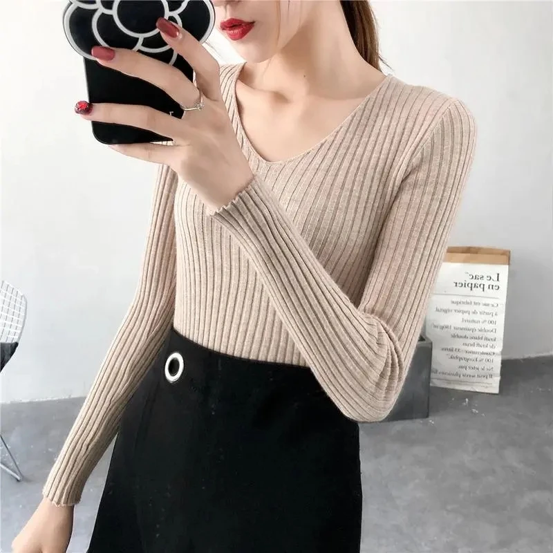 

Women Sweater 2023 Spring Autumn Knitted Pullovers V-neck Slim Fit Bottoming Shirt Solid Soft Knitwear Jumpers Basic Sweaters