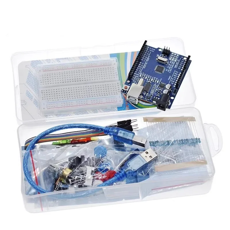 

Плата разработки UNO R3, новый комплект с 400 отверстиями, макетная плата с переключателем, датчик, модуль предотвращения препятствий, светодиодная подсветка