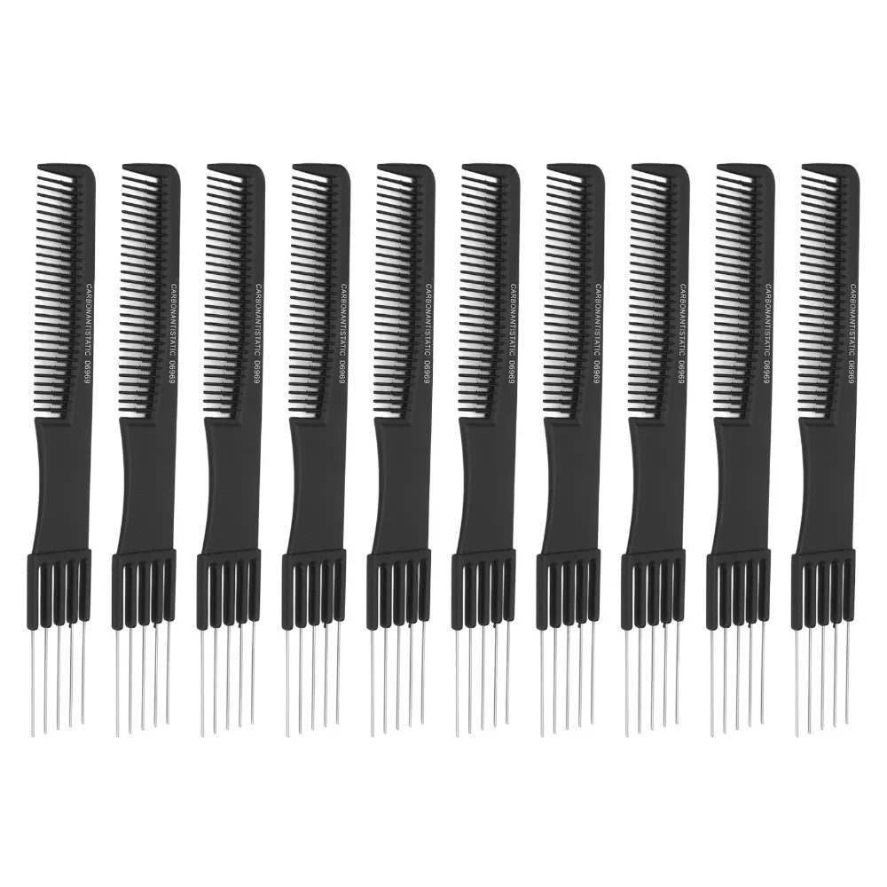 10pcs Metal Carbon Lift Teasing Combs Fine Teeth Design Black Color Hairdressing Tools 19.5cm Length Professional