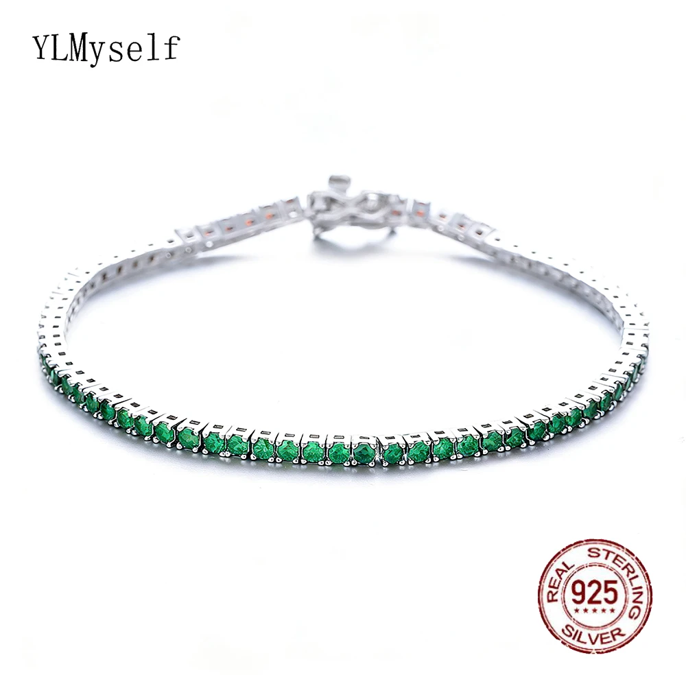 

YLMyself 925 Sterling Silver Tennis Bracelet 2mm Pave Emerald Green CZ 15/16/17cm Hip Hop Chain Women Jewelry