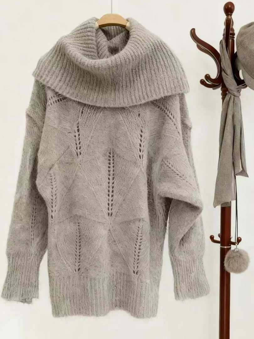 Suéter coreano Sle Lazy One oulder ahuecado largo de punto para mujer Otoño Invierno nuevo suéter de corazón de advertencia de deseo puro