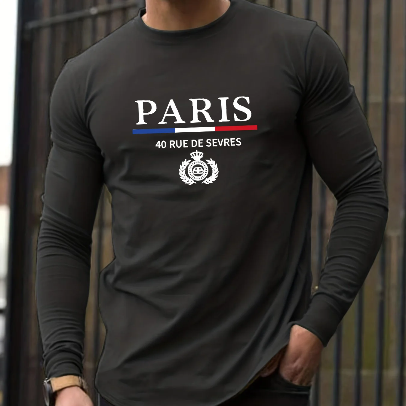 Hot Selling Men's Loose And Comfortable Sports And Leisure Paris Pattern Printed Round Neck Long Sleeved T-shirt Top