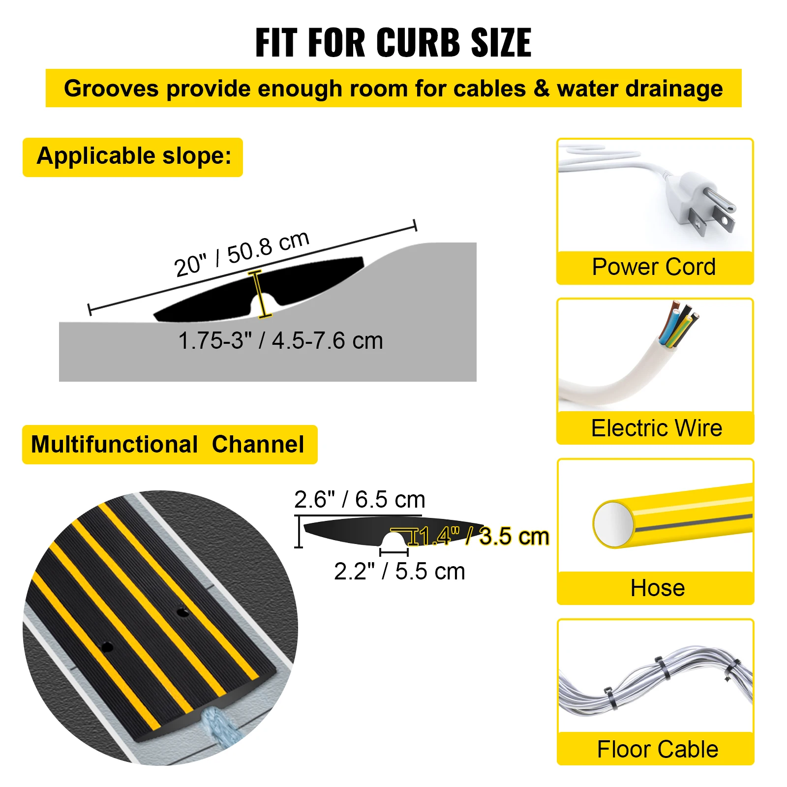 Vevor Auto Oprit Rubber Curb Ramps Zware Drempel Ramp 2.5 Inch Hoge Kabel Cover Curbside Brug Ramp Voor Speeltuin