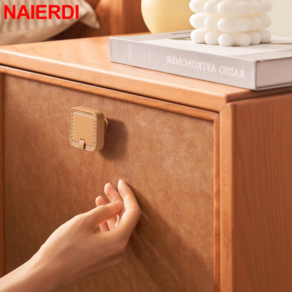 NAIERDI Cowhide Cabinet Knobs and Handles Zinc Alloy Leather Furniture Handle Kitchen Cupboard Door Pulls Drawer Knobs Hardware