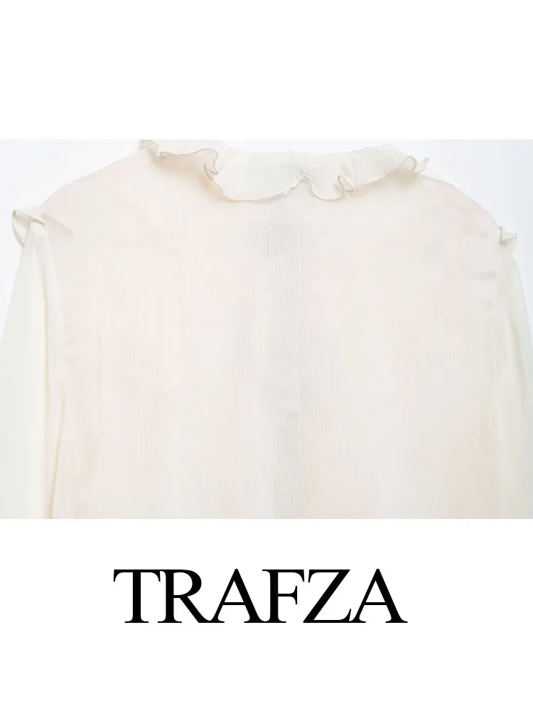 TRAFZA Summer Women Stacked Blouse Fashion Lace-up Long Sleeves Loose Shirts Top Female Casual Women Laminated Decoration Shirt