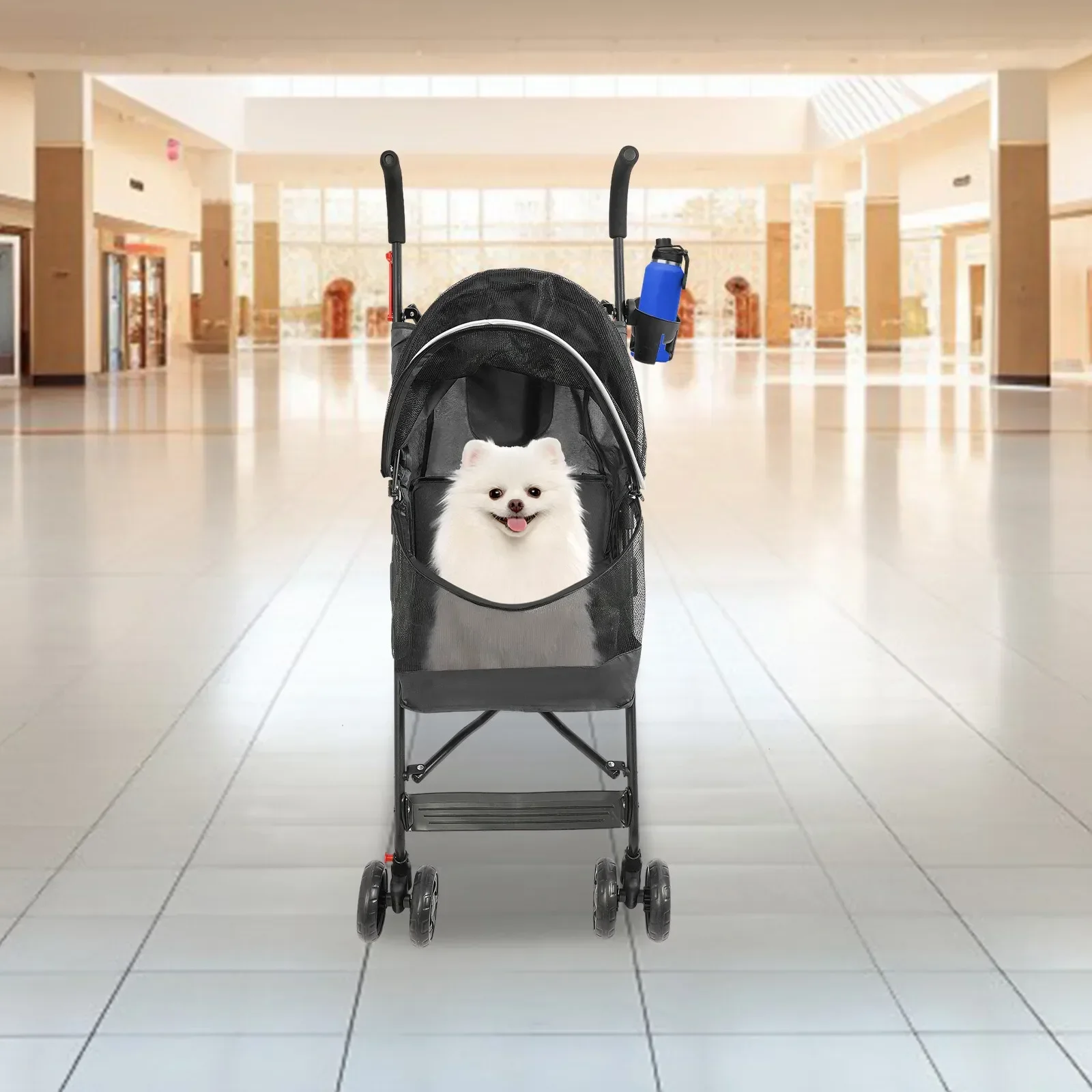Foldable All-Weather Pet Dog Stroller with Rain Canopy & Cup Holder, 4-Wheel Compact Design with Rear Pocket, Gray