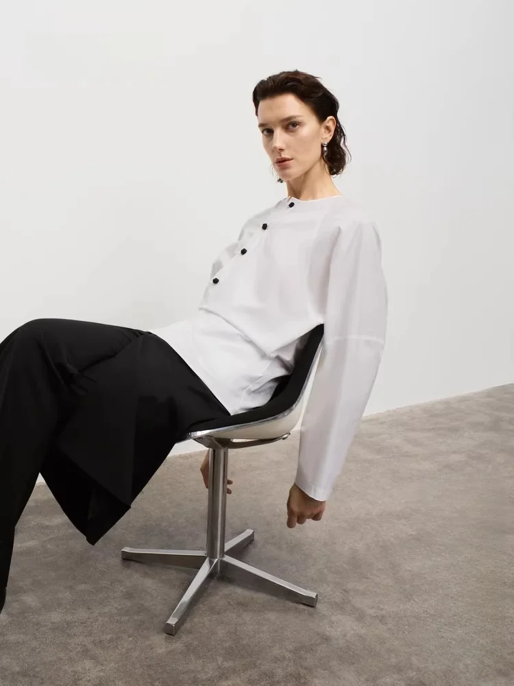 

Женская рубашка в новом китайском стиле с пуговицами и поясом, утягивающим талию, модель EBD3TOP010, с длинным рукавом, круглым вырезом, средней длины.