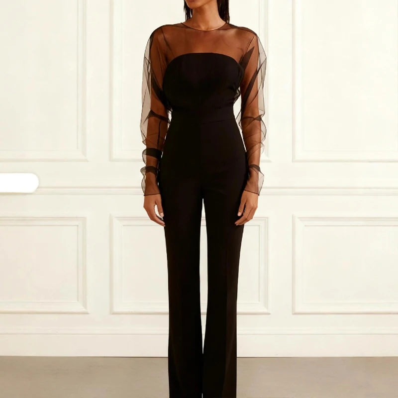 

Женский сексуальный комбинезон с сетчатыми вставками и складками, повседневный, с длинными рукавами, однотонный, для вечеринок, элегантный, с круглым вырезом, с завышенной талией, облегающий