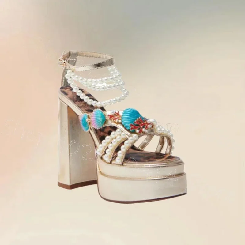 

Pearl Chain Conch Design Platform Sandals Buckle Strap Women Shoes Chunky High Heels Open Toe New Party 2025 Zapatos Para Mujere