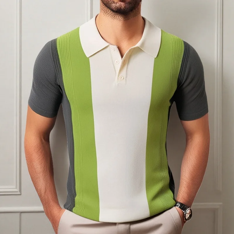 

Polo Shirts Striped Men Tops Pullover Short Sleeve Tees Knitted Shirt Loose Fit Summer Casual Turn Down Collar Business
