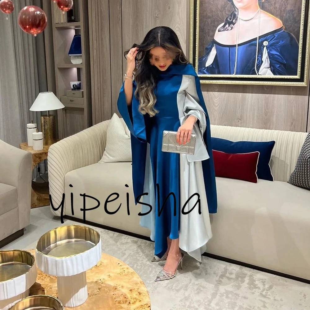 Customized Elegant Simple Blue Satin Party Gowns stitching color A-line Crew Neck Women Cape Ankle Length Evening Dresses