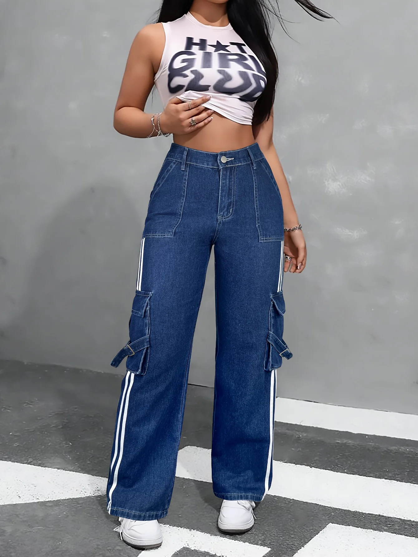 심플한 스트라이프 배색 스티치 스트레이트 진 여성용 하이웨이스트 플랩 포켓 백 엘라스틱 웨이스트 리본 바지